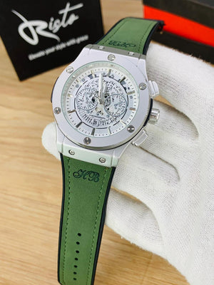 HB Skeleton Leather Straps - Premium Watch - Silver Green