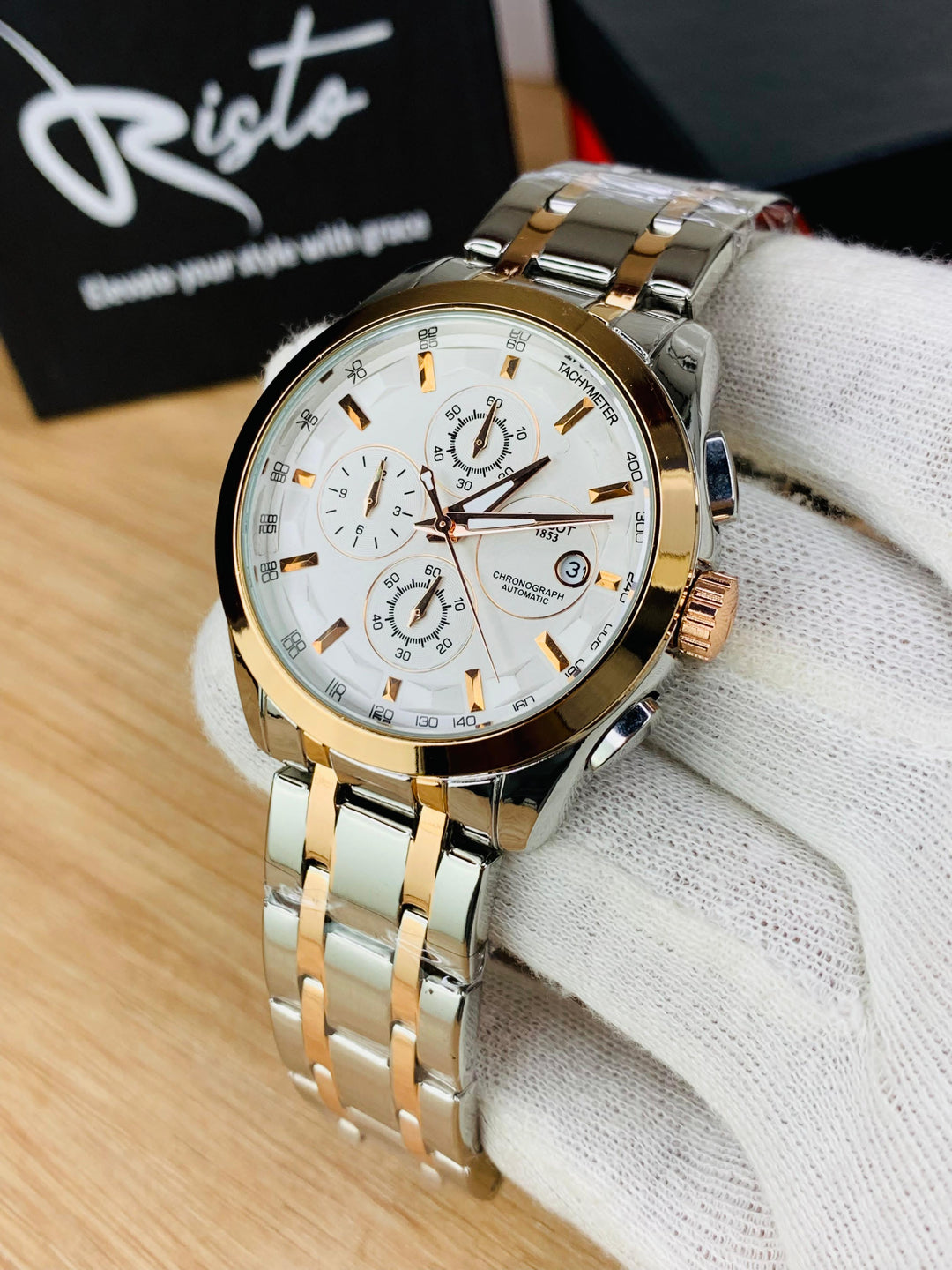 Tissot Luxury Chronograph Watch for Men | Stainless Steel - Rose Gold White
