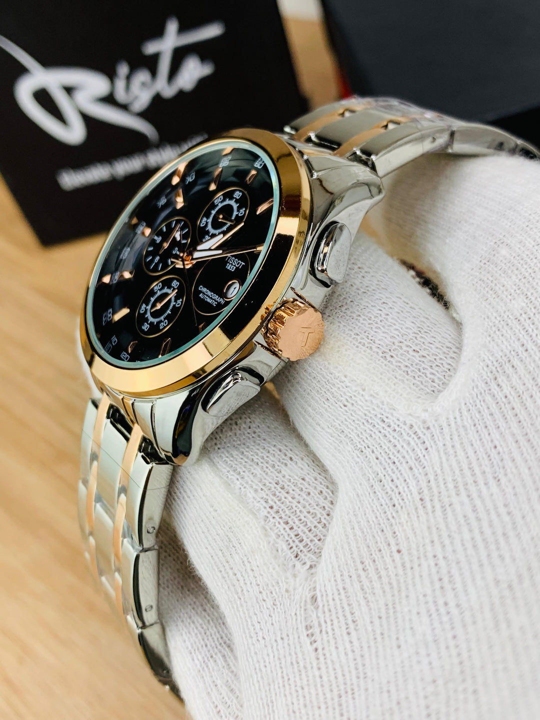Tissot Luxury Chronograph Watch for Men | Stainless Steel - Rose Gold Black