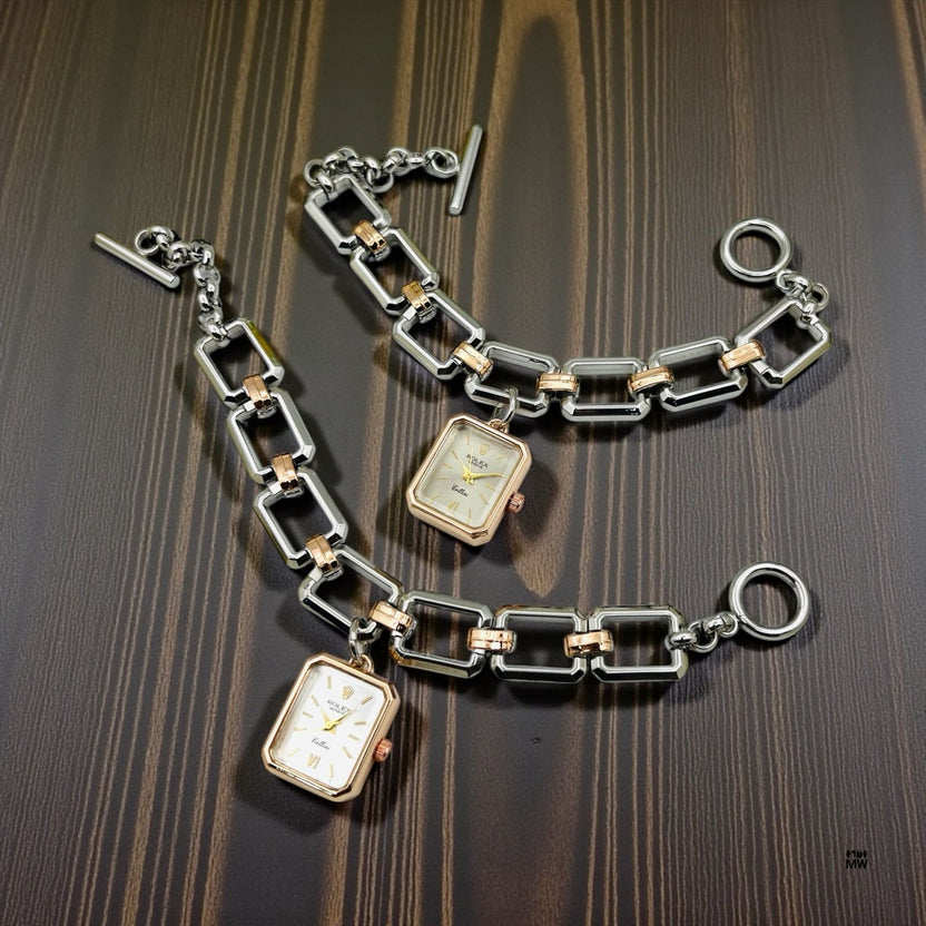 Rolex Rectangular Watch Bracelet - Two Tone Silver Chain