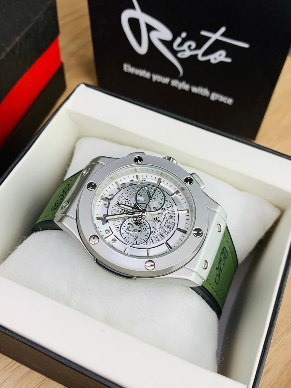 HB Skeleton Leather Straps - Premium Watch - Silver Green