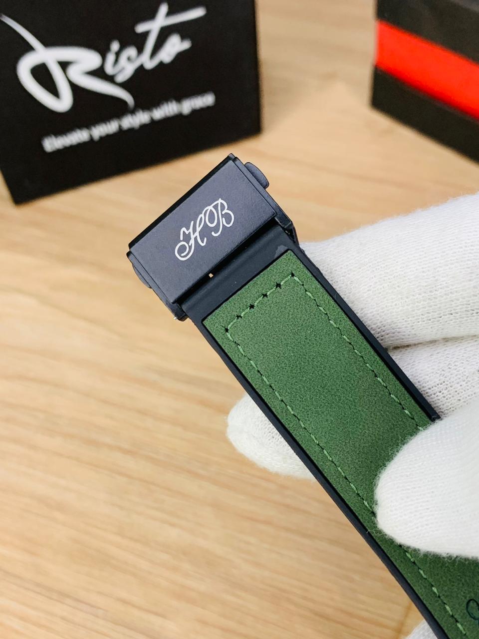 HB Skeleton Leather Straps - Premium Watch - Silver Green