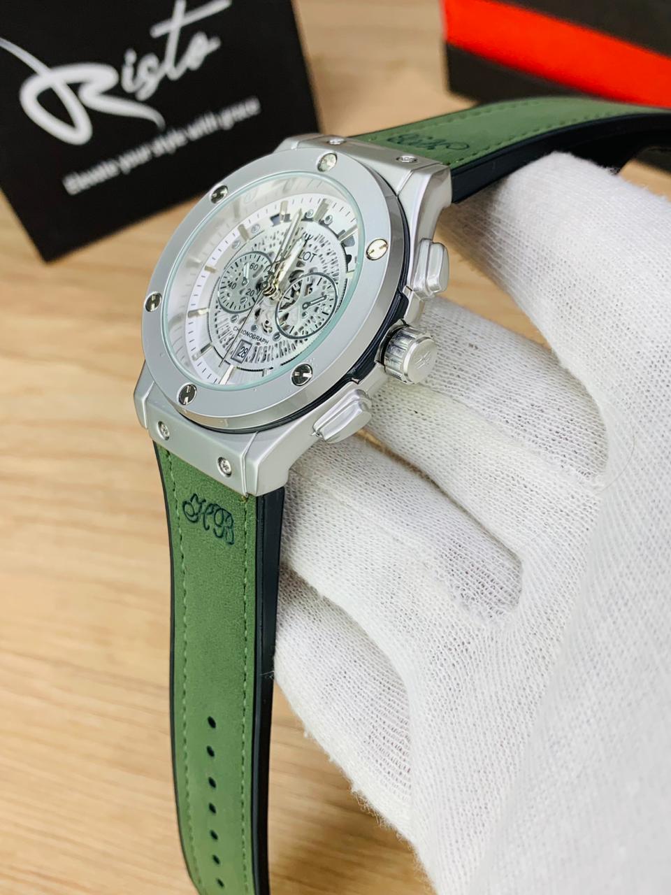 HB Skeleton Leather Straps - Premium Watch - Silver Green