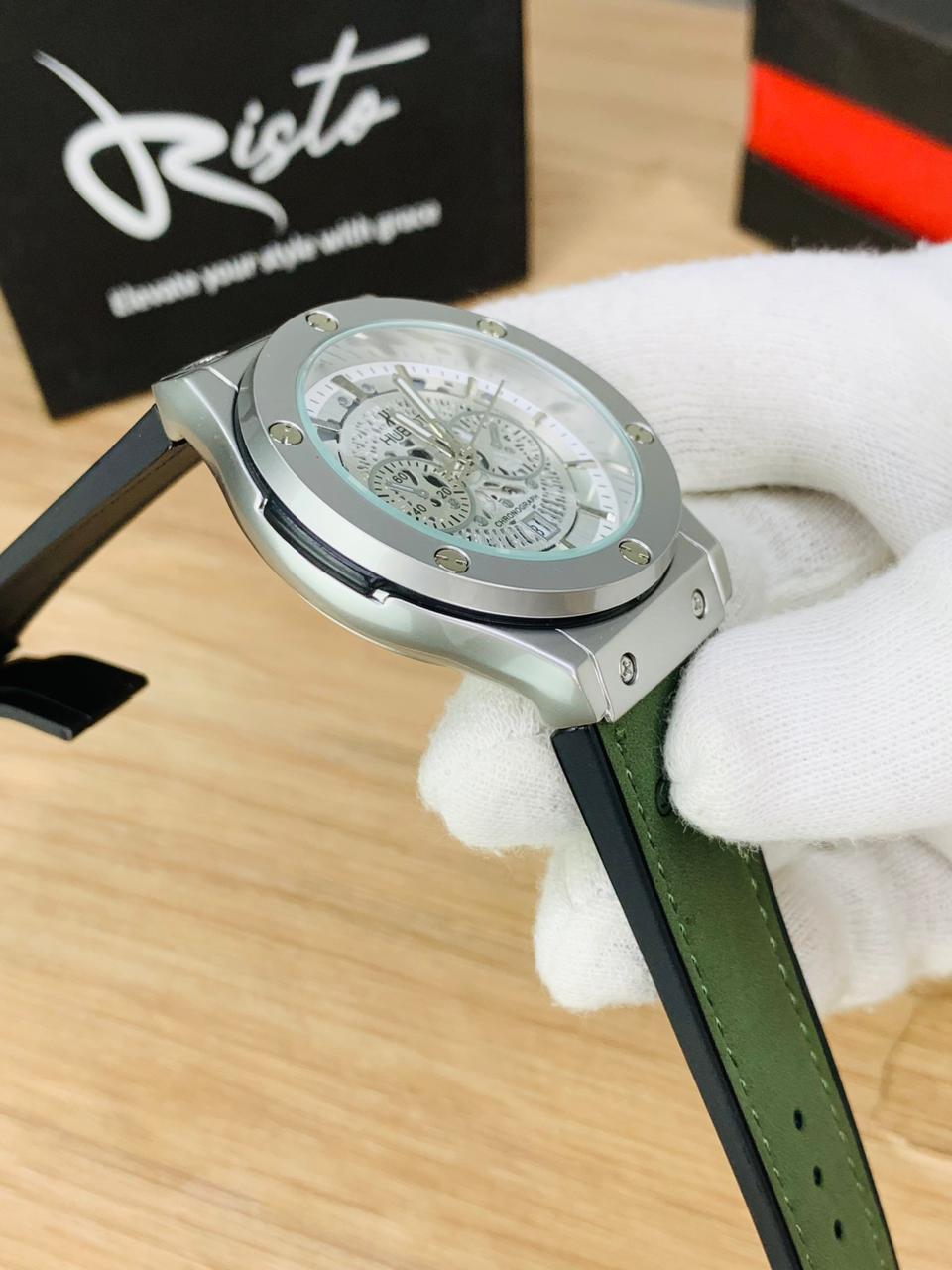 HB Skeleton Leather Straps - Premium Watch - Silver Green